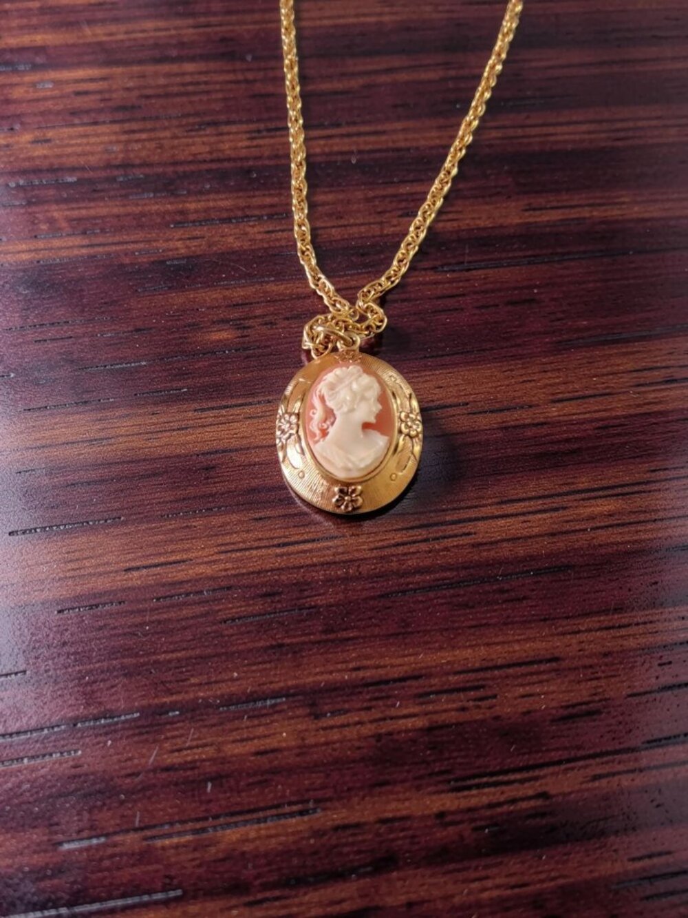 Vintage Gold Tone Red White Cameo 24" Necklace